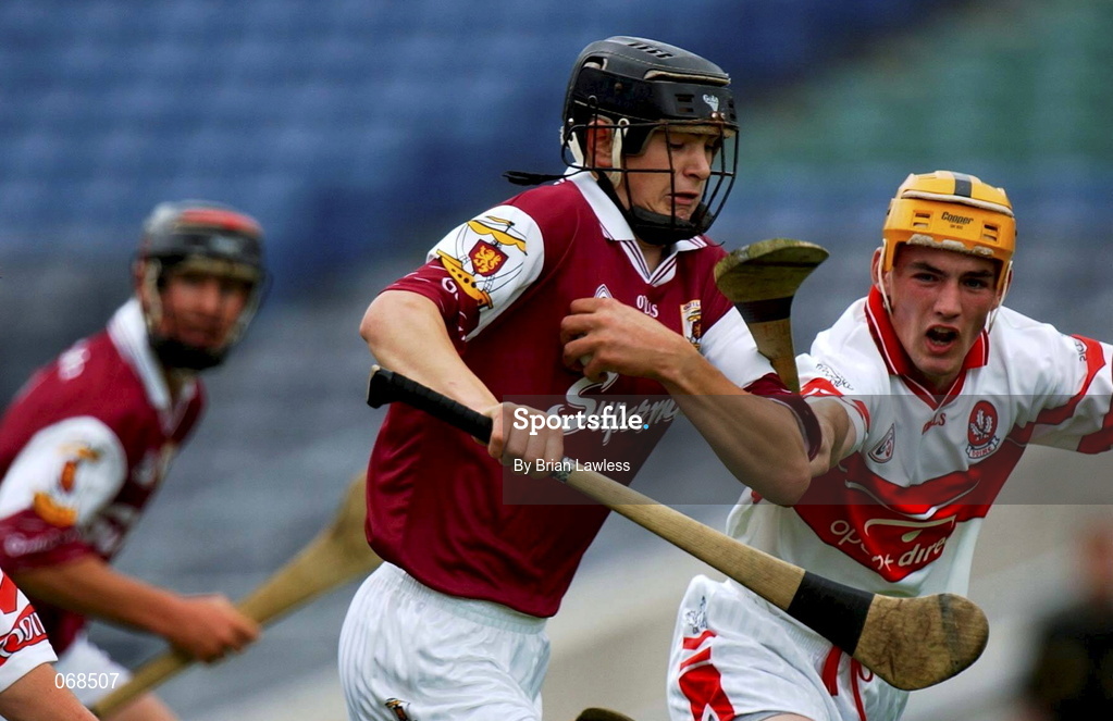 29 July 2001; Johnnie Maher of Galway in action against Dominic Magill of Derry during the All-Ireland Minor Hurling Championship Quarter Final match between Galway and Derry at Croke Park in Dublin. Photo by Brian Lawless/Sportsfile