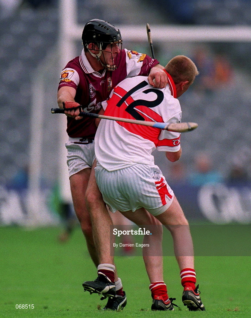 29 July 2001; Joe Rabitte of Galway is tackled by Gregory Biggs of Derry during the Guinness All-Ireland Senior hurling Championship Quarter-Final match between Galway and Derry at Croke Park in Dublin. Photo by Damien Eagers/Sportsfile
