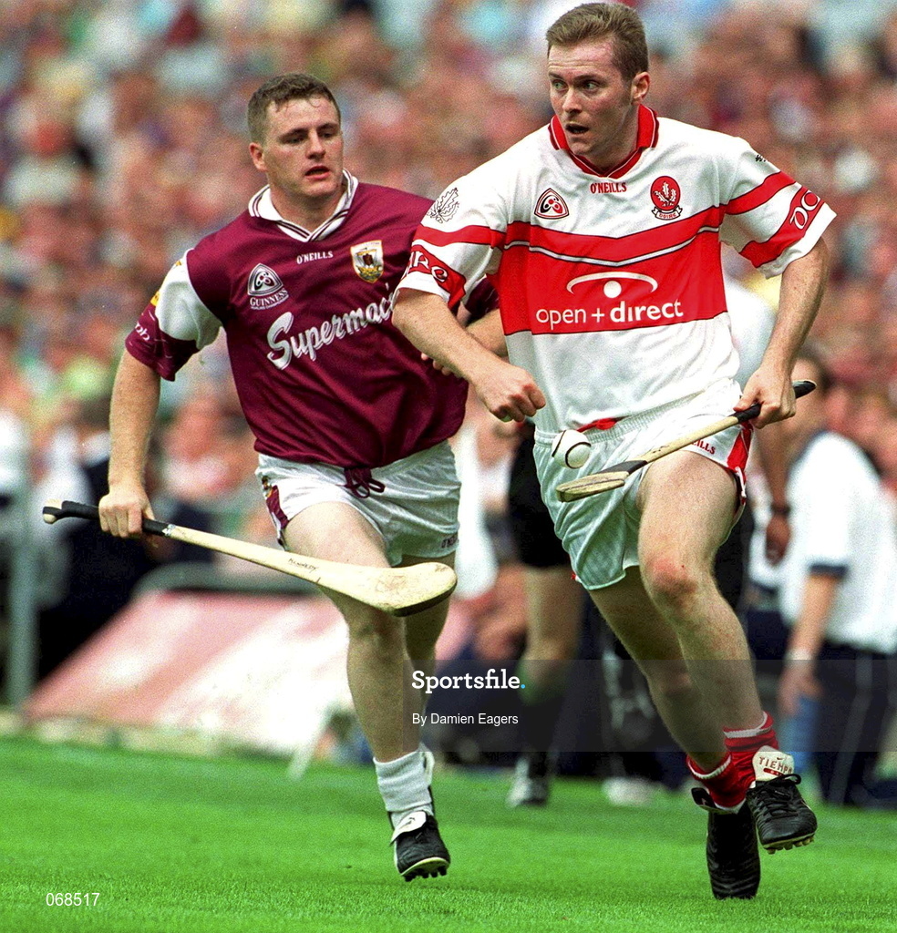 29 July 2001; John O'Dwyer of Derry in action against Gregory Kennedy of Galway during the Guinness All-Ireland Senior hurling Championship Quarter-Final match between Galway and Derry at Croke Park in Dublin. Photo by Damien Eagers/Sportsfile