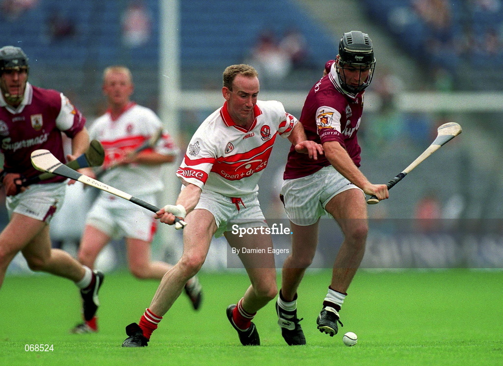 29 July 2001; Richie Murray of Galway is tackled by Oliver Collins of Derry during the Guinness All-Ireland Senior hurling Championship Quarter-Final match between Galway and Derry at Croke Park in Dublin. Photo by Damien Eagers/Sportsfile