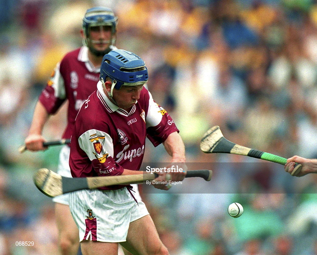 29 July 2001; Kevin Broderick of Galway scores his side's second goal during the Guinness All-Ireland Senior hurling Championship Quarter-Final match between Galway and Derry at Croke Park in Dublin. Photo by Damien Eagers/Sportsfile