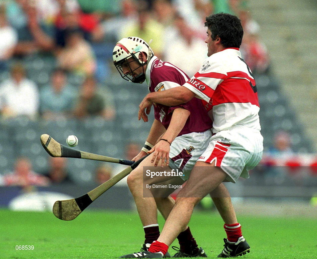 29 July 2001; Darren Shaughnessy of Galway in action against Conor Murray of Derry during the Guinness All-Ireland Senior hurling Championship Quarter-Final match between Galway and Derry at Croke Park in Dublin. Photo by Damien Eagers/Sportsfile