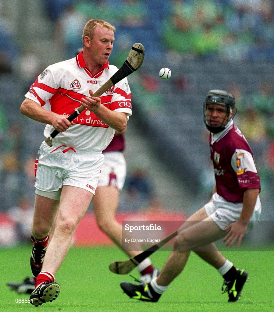 29 July 2001; Gregory Biggs of Derry in action against Conor McKenna of Derry during the Guinness All-Ireland Senior hurling Championship Quarter-Final match between Galway and Derry at Croke Park in Dublin. Photo by Damien Eagers/Sportsfile