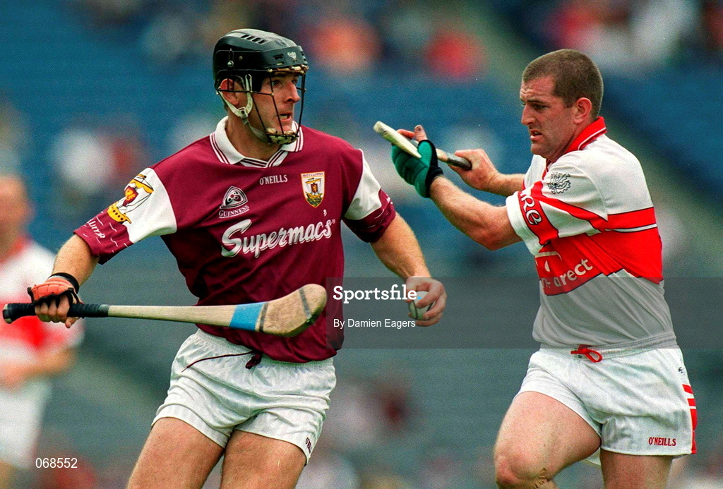 29 July 2001; Joe Rabbite of Galway in action against Michael Conway of Derry during the Guinness All-Ireland Senior hurling Championship Quarter-Final match between Galway and Derry at Croke Park in Dublin. Photo by Damien Eagers/Sportsfile