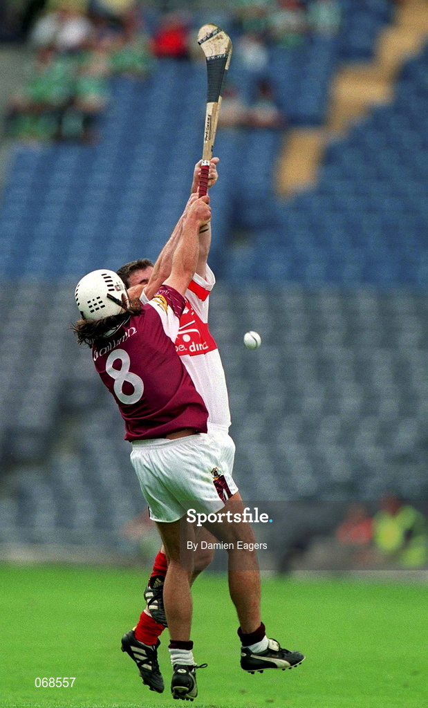 29 July 2001; David Tierney of Galway in action against Ronan McCloskey of Derry during the Guinness All-Ireland Senior hurling Championship Quarter-Final match between Galway and Derry at Croke Park in Dublin. Photo by Damien Eagers/Sportsfile