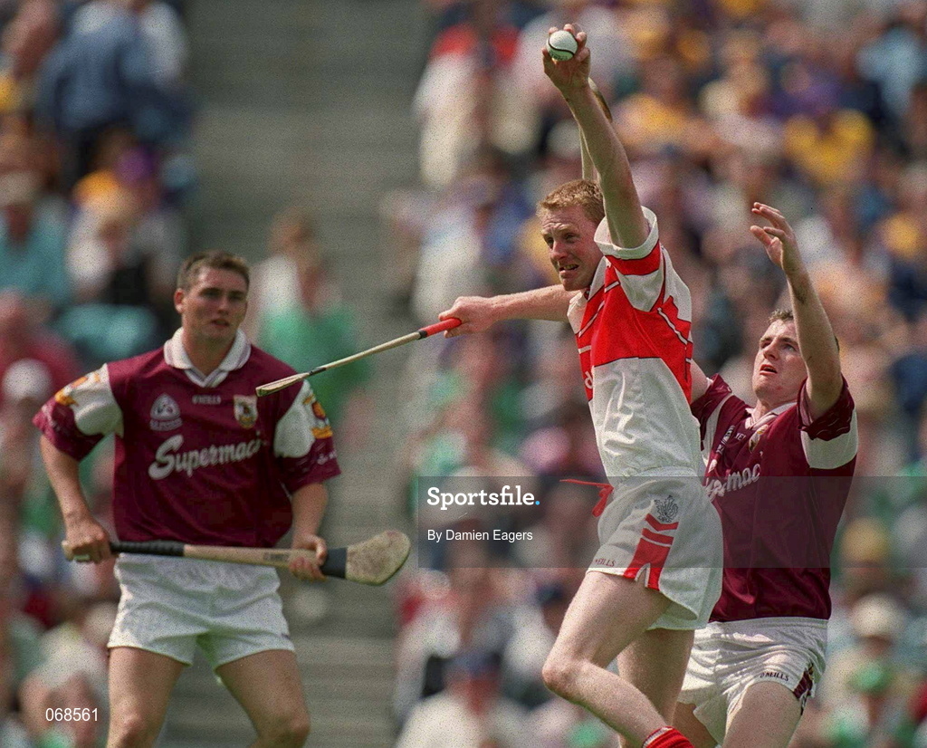 29 July 2001; Gergory Biggs of Derry is tackled by Derek Hardiman of Galway during the Guinness All-Ireland Senior hurling Championship Quarter-Final match between Galway and Derry at Croke Park in Dublin. Photo by Damien Eagers/Sportsfile