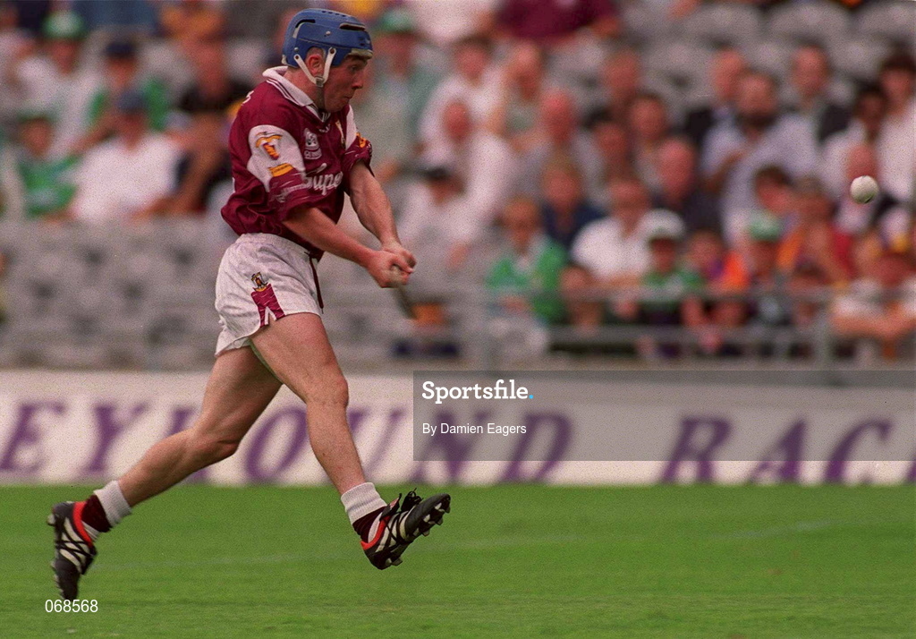29 July 2001; Kevin Broderick of Galway shoots to score his side's third goal during the Guinness All-Ireland Senior hurling Championship Quarter-Final match between Galway and Derry at Croke Park in Dublin. Photo by Damien Eagers/Sportsfile