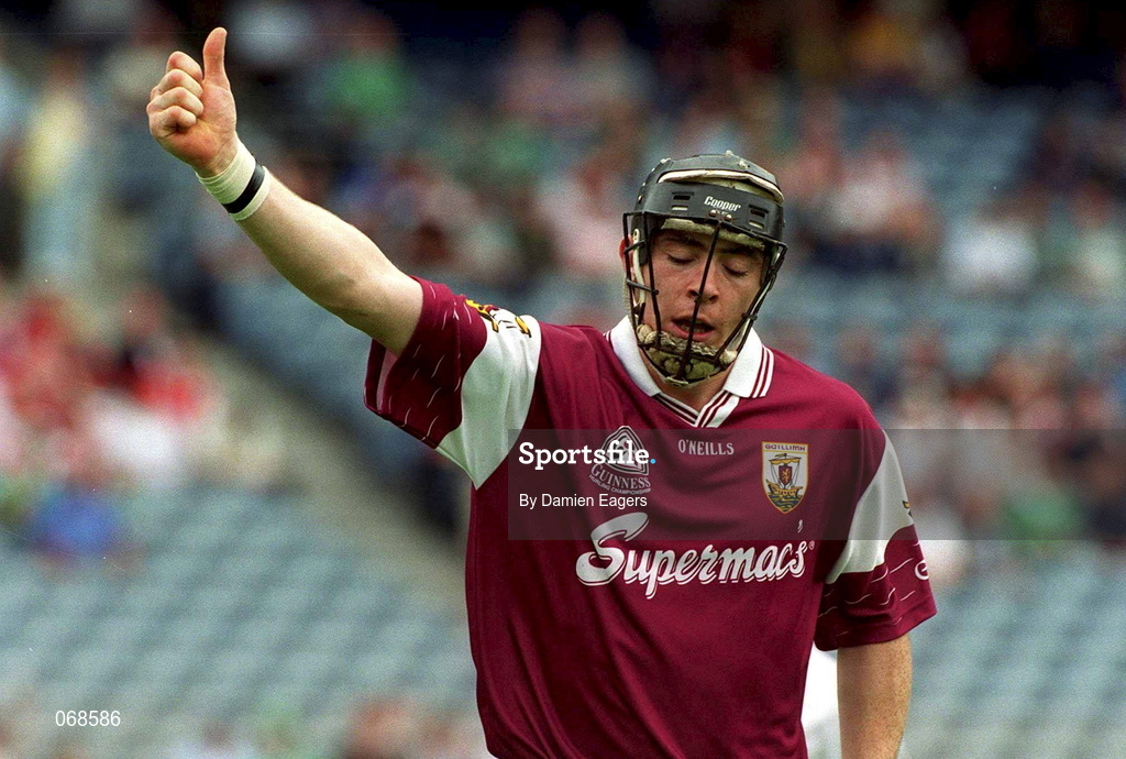 29 July 2001; Eugene Cloonan of Galway celebrates scoring his sides first goal during the Guinness All-Ireland Senior hurling Championship Quarter-Final match between Galway and Derry at Croke Park in Dublin. Photo by Damien Eagers/Sportsfile