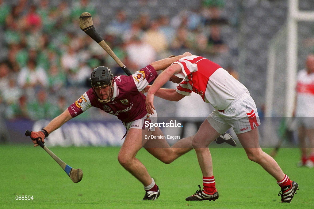 29 July 2001; Joe Rabbitte of Galway is tackled by Gregory Biggs of Derry during the Guinness All-Ireland Senior hurling Championship Quarter-Final match between Galway and Derry at Croke Park in Dublin. Photo by Damien Eagers/Sportsfile