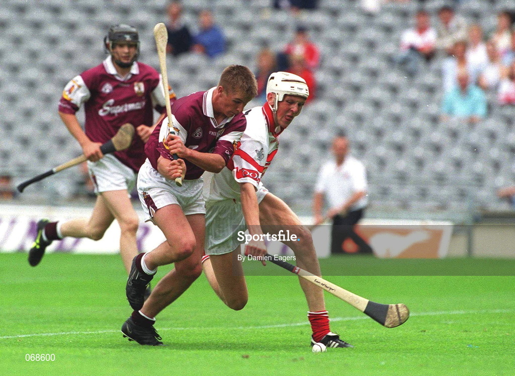 29 July 2001; Kevin Hayes of Galway in action against Eoin McGuigan of Derry during the Guinness All-Ireland Senior hurling Championship Quarter-Final match between Galway and Derry at Croke Park in Dublin. Photo by Damien Eagers/Sportsfile