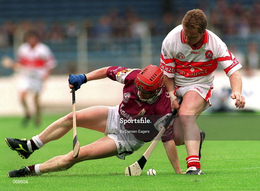 29 July 2001; Ollie Canning of Galway in action against Kieran McKeever of Derry during the Guinness All-Ireland Senior hurling Championship Quarter-Final match between Galway and Derry at Croke Park in Dublin. Photo by Damien Eagers/Sportsfile