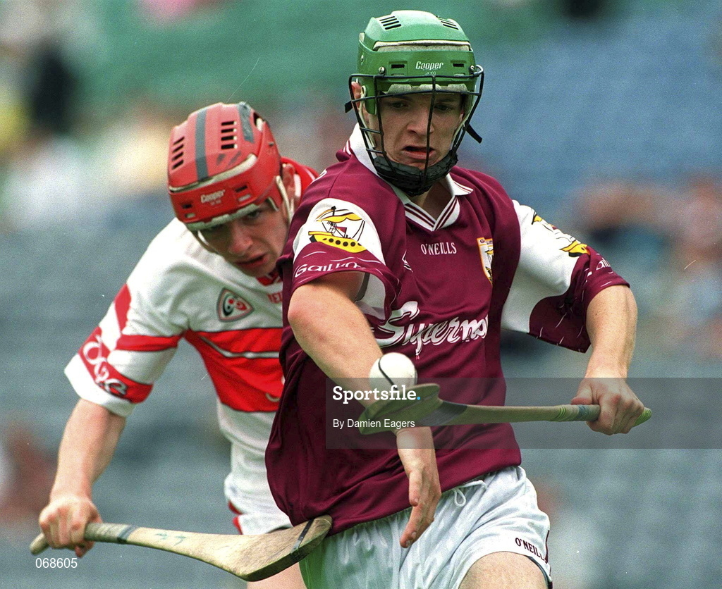 29 July 2001; Adrian Callanan of Galway in action against Pauric Murphy of Derry during the Guinness All-Ireland Senior hurling Championship Quarter-Final match between Galway and Derry at Croke Park in Dublin. Photo by Damien Eagers/Sportsfile