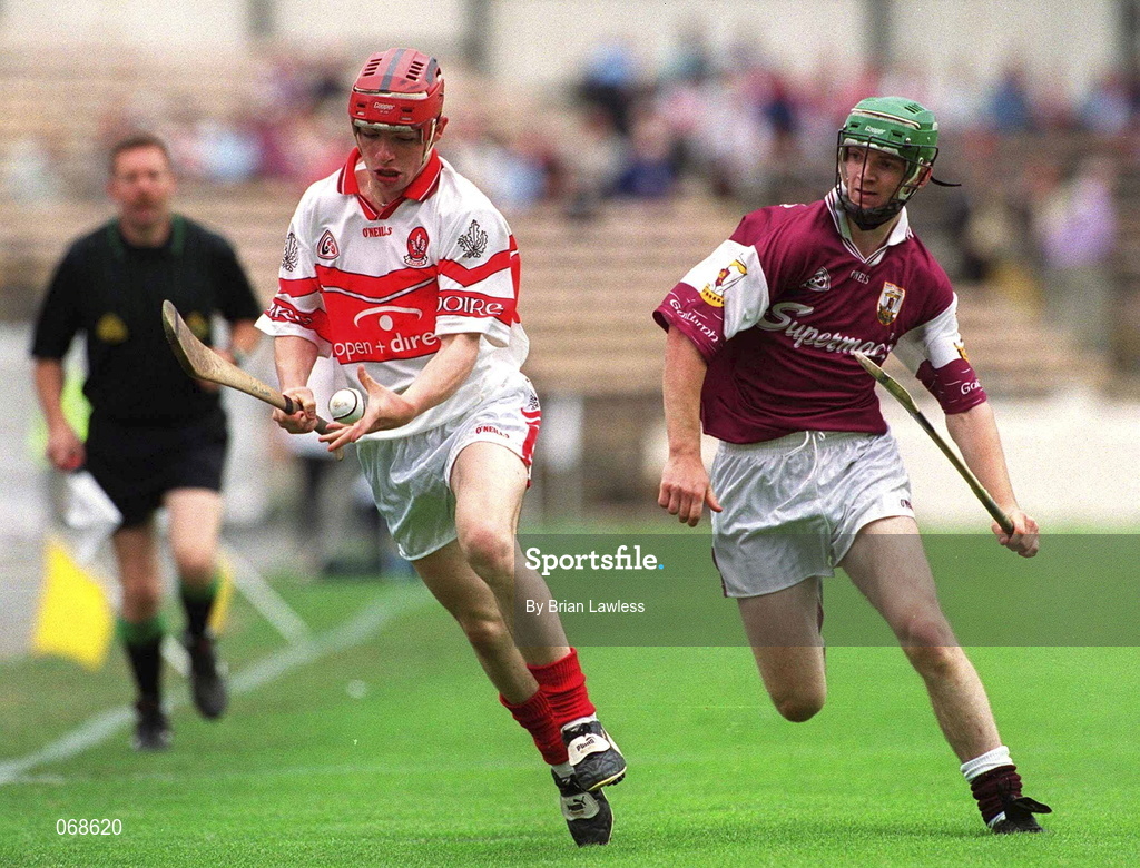 29 July 2001; Pauric Murphy of Derry in action against Adrian Callanan of Galway during the All-Ireland Minor Hurling Championship Quarter Final match between Galway and Derry at Croke Park in Dublin. Photo by Brian Lawless/Sportsfile