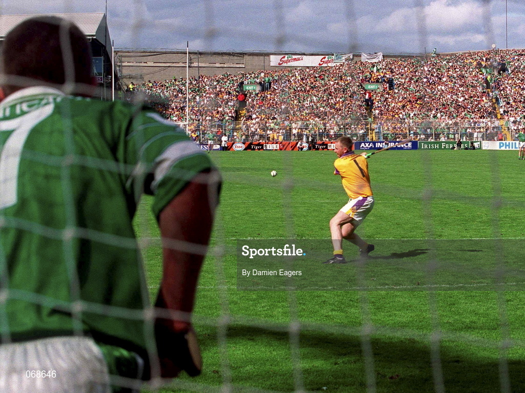 29 July 2001; Wexford goalkpeeper Damien Fitzhenry scores his first goal from a penalty during the Guinness All-Ireland Senior Hurling Championship Quarter-Final match between Wexford and Limerick at Croke Park in Dublin. Photo by Damien Eagers/Sportsfile