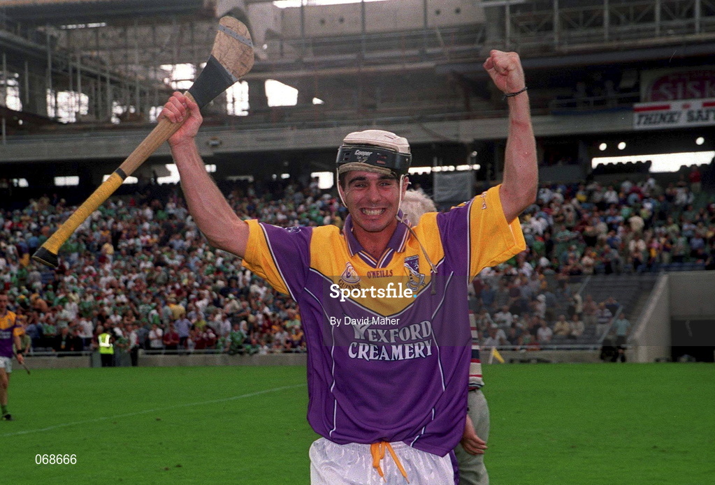 17 August 1997; Ken Furlong of Wexford celebrates after his sides victory over Limerick during the GAA All-Ireland Senior Hurling Championship Semi-Final match between Tipperary and Wexford at Croke Park in Dublin. Photo by David Maher/Sportsfile