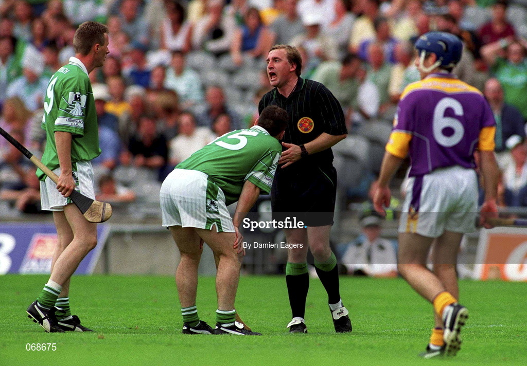 29 July 2001; Limerick captain Barry Foley and Owen O'Neill, left, who was fouled, remonstrate with referee Michael Wadding during the Guinness All-Ireland Senior Hurling Championship Quarter-Final match between Wexford and Limerick at Croke Park in Dublin. Photo by Damien Eagers/Sportsfile