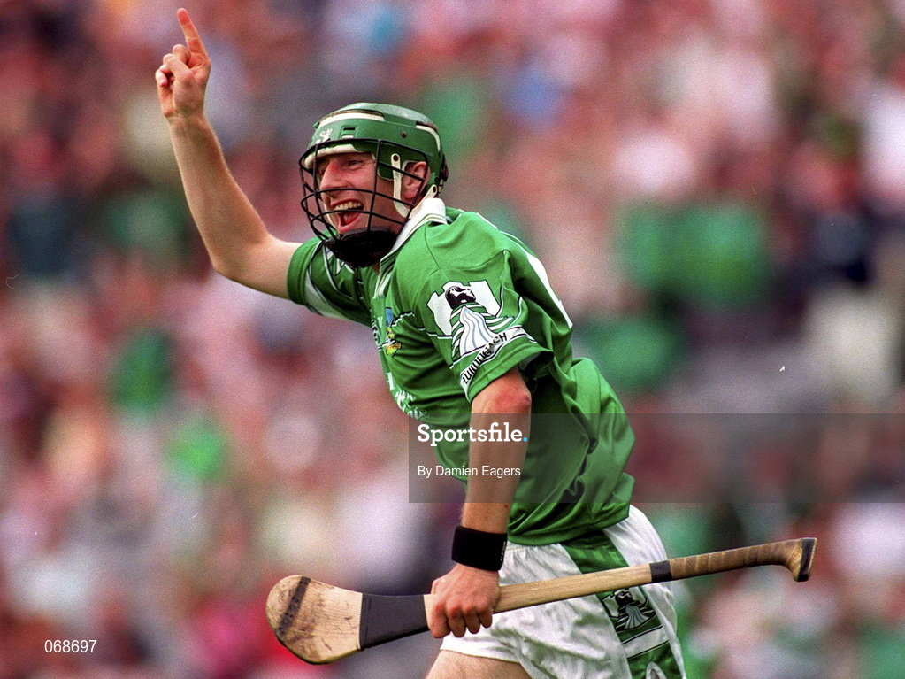 29 July 2001; Sean O'Connor of Limerick celebrates scoring his sides third goal which was subsequently dissallowed during the Guinness All-Ireland Senior Hurling Championship Quarter-Final match between Wexford and Limerick at Croke Park in Dublin. Photo by Damien Eagers/Sportsfile
