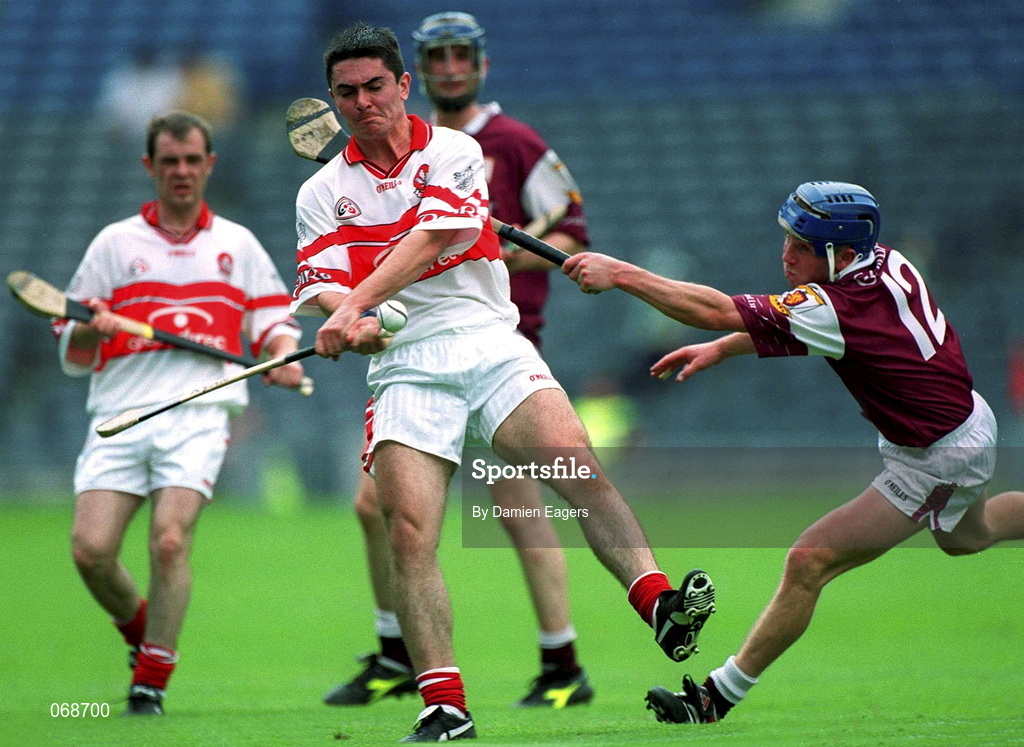 29 July 2001; Ryan Lynch of Derry in action against Kevin Broderick of Galway during the Guinness All-Ireland Senior hurling Championship Quarter-Final match between Galway and Derry at Croke Park in Dublin. Photo by Damien Eagers/Sportsfile