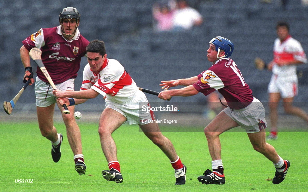 29 July 2001; Ryan Lynch of Derry in action against Kevin Broderick of Galway during the Guinness All-Ireland Senior hurling Championship Quarter-Final match between Galway and Derry at Croke Park in Dublin. Photo by Damien Eagers/Sportsfile