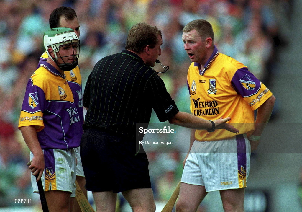 29 July 2001; Referee Michael Wadding demands the sliotar from Wexford goalkeeper Damien Fitzhenry during the Guinness All-Ireland Senior Hurling Championship Quarter-Final match between Wexford and Limerick at Croke Park in Dublin. Photo by Damien Eagers/Sportsfile