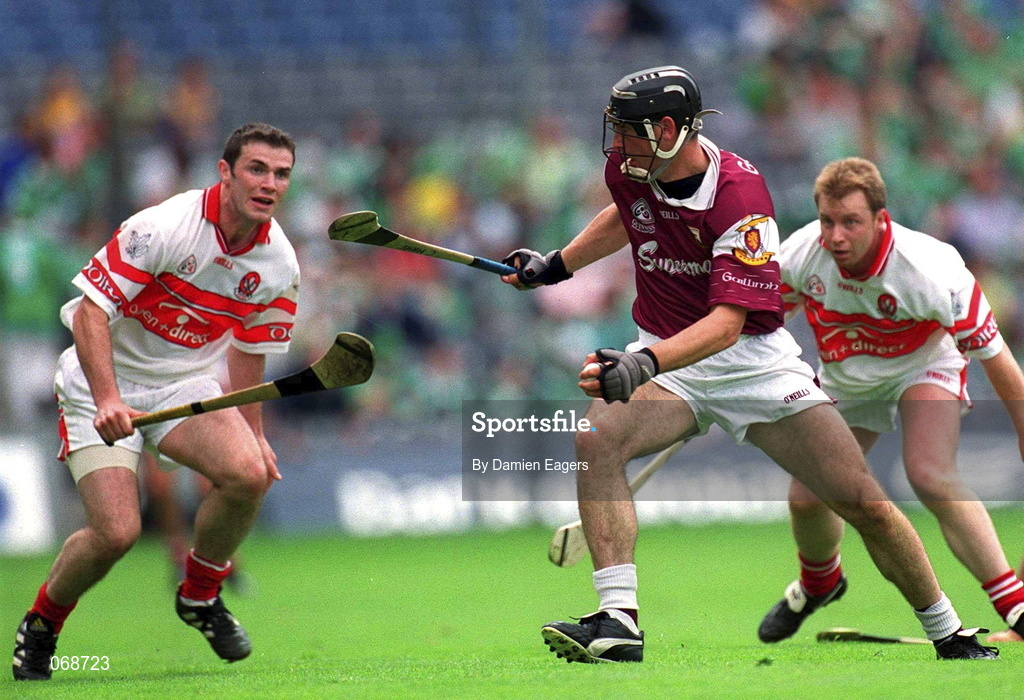 29 July 2001; Cathal Moore of Galway in action against Ronan McCloskey, left, and Kieran McKeever of Derry during the Guinness All-Ireland Senior hurling Championship Quarter-Final match between Galway and Derry at Croke Park in Dublin. Photo by Damien Eagers/Sportsfile
