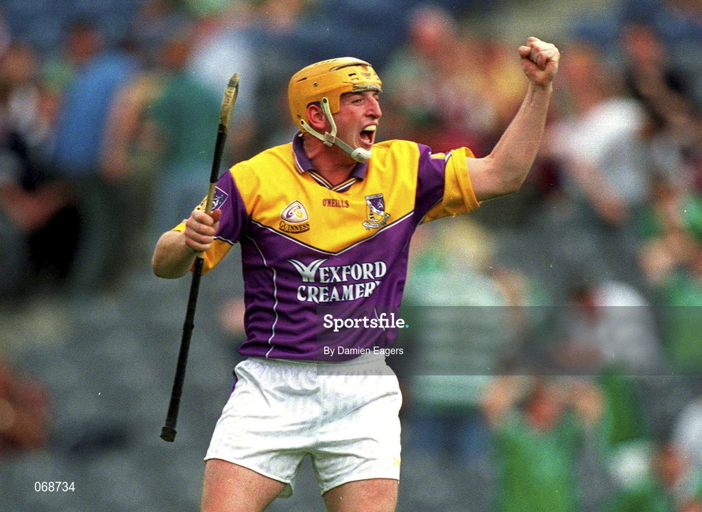 29 July 2001; Garry Laffan of Wexford celebrates Damien Fitzhenry's second goal during the Guinness All-Ireland Senior Hurling Championship Quarter-Final match between Wexford and Limerick at Croke Park in Dublin. Photo by Damien Eagers/Sportsfile