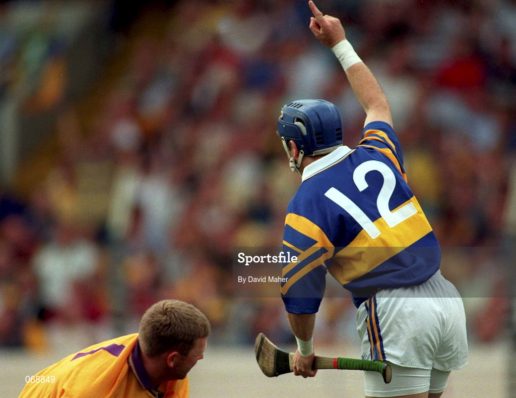 17 August 1997; John Leahy of Tipperary celebrates scoring his sides first goal as Wexford goalkeeper Damien Fitzhenry looks on during the Guinness All-Ireland Senior Hurling Championship Semi-Final match between Tipperary and Wexford at Croke Park in Dublin. Photo by David Maher/Sportsfile