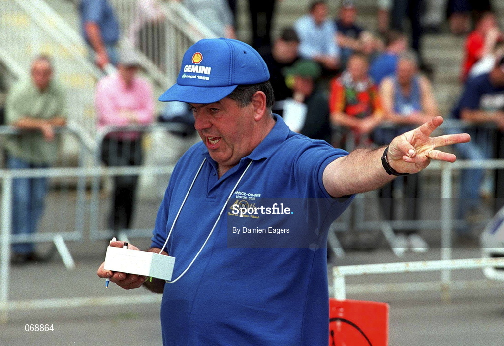 28 July 2001; Starter gets the race underway during the World Rally Masters Championships 2001 at Punchestown in Kildare. Photo by Damien Eagers/Sportsfile