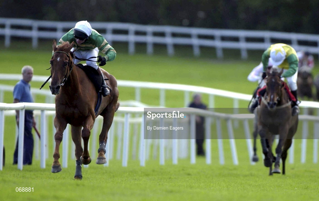 31 July 2001; Hardiman, with Paul Moloney up, races clear of Carina Bay, with John Cullen up, after clearing the last on their way to victory in the Albatros Plant Nutrition Steeplechase of £20,000 during day 2 of the Galway Summer Racing Festival at Ballybrit Racecourse in Galway. Photo by Damien Eagers/Sportsfile