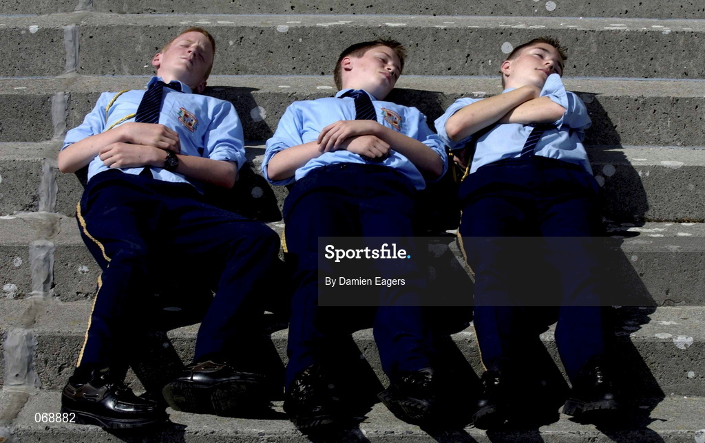 31 July 2001; Members of the Patrician Brass Band, from left, James Grogan, Brian Sheridan and Paul O'Donovan relaxing in the sun during day 2 of the Galway Summer Racing Festival at Ballybrit Racecourse in Galway. Photo by Damien Eagers/Sportsfile
