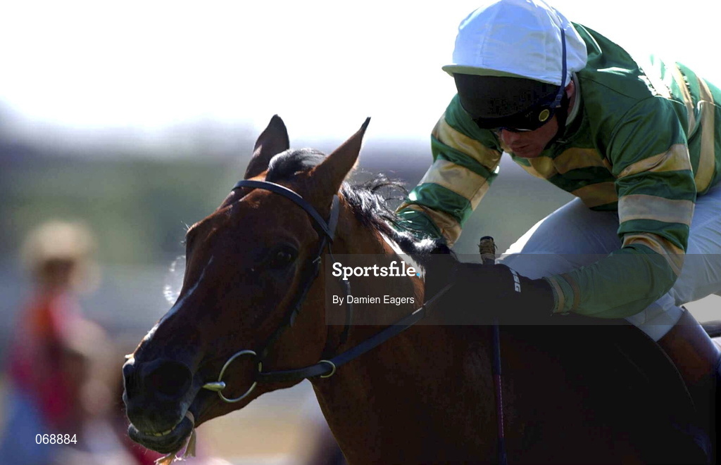 31 July 2001; Get it On, with Charlie Swan up, races on after clearing the last to win the Albatros Feeds Maiden Hurdle of £10,000 during day 2 of the Galway Summer Racing Festival at Ballybrit Racecourse in Galway. Photo by Damien Eagers/Sportsfile