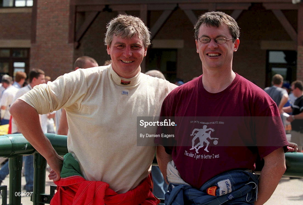 28 July 2001; Rally driver and RTE gaelic games commentator Michael Lyster, left, pictured with Joe Brolly, former Derry footballer and RTE gaelic games anylist during the World Rally Masters Championships 2001 at Punchestown in Kildare. Photo by Damien Eagers/Sportsfile