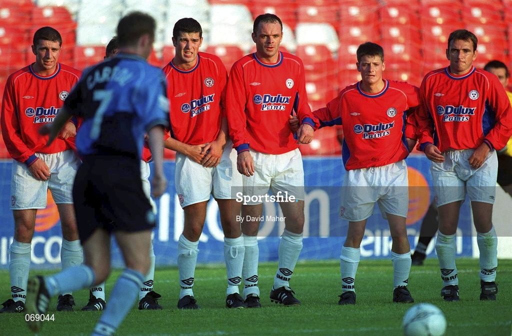 27 July 2001;  The Shelbourne players form a wall for a Wycombe free-kick during the pre-season friendly match between Shelbourne and Wycombe Wanderers at Tolka Park in Dublin. Photo by David Maher/Sportsfile