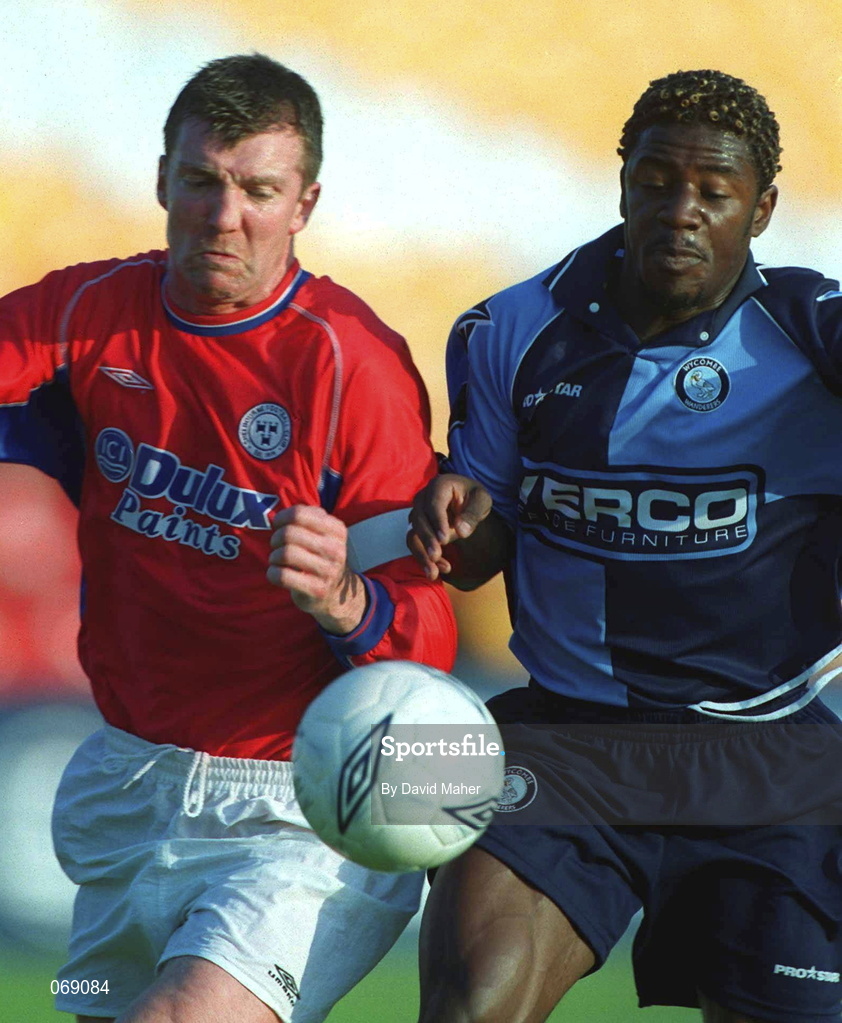 27 July 2001; Jim Gannon of Shelbourne in action against Gavin Houligan of Wycombe Wanderers during the pre-season friendly match between Shelbourne and Wycombe Wanderers at Tolka Park in Dublin. Photo by David Maher/Sportsfile