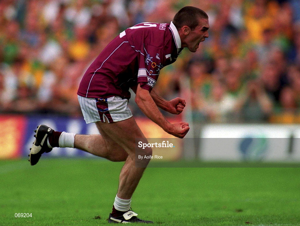 5 August 2001; Michael Ennis of Westmeath celebrates scoring his side's second goal during the Bank of Ireland All-Ireland Senior Football Championship Quarter-Final match between Meath and Westmeath at Croke Park in Dublin. Photo by Aoife Rice/Sportsfile