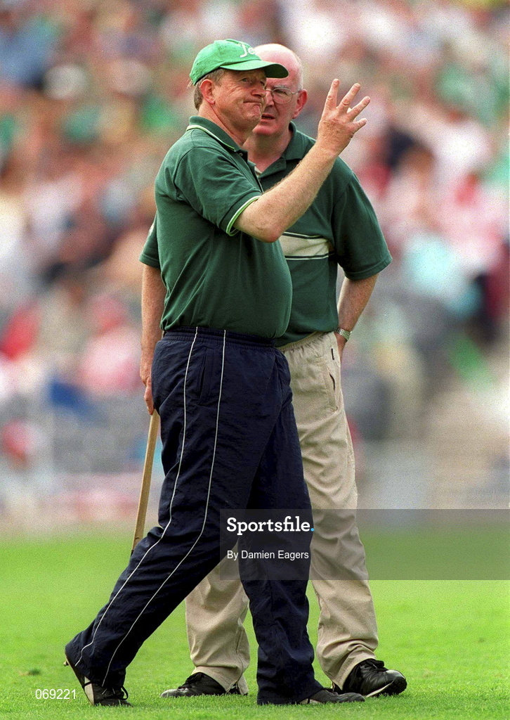 29 July 2001; Limerick manager Eamonn Cregan with selector Michael Fitzgerald during the Guinness All-Ireland Senior Hurling Championship Quarter-Final match between Wexford and Limerick at Croke Park in Dublin. Photo by Damien Eagers/Sportsfile