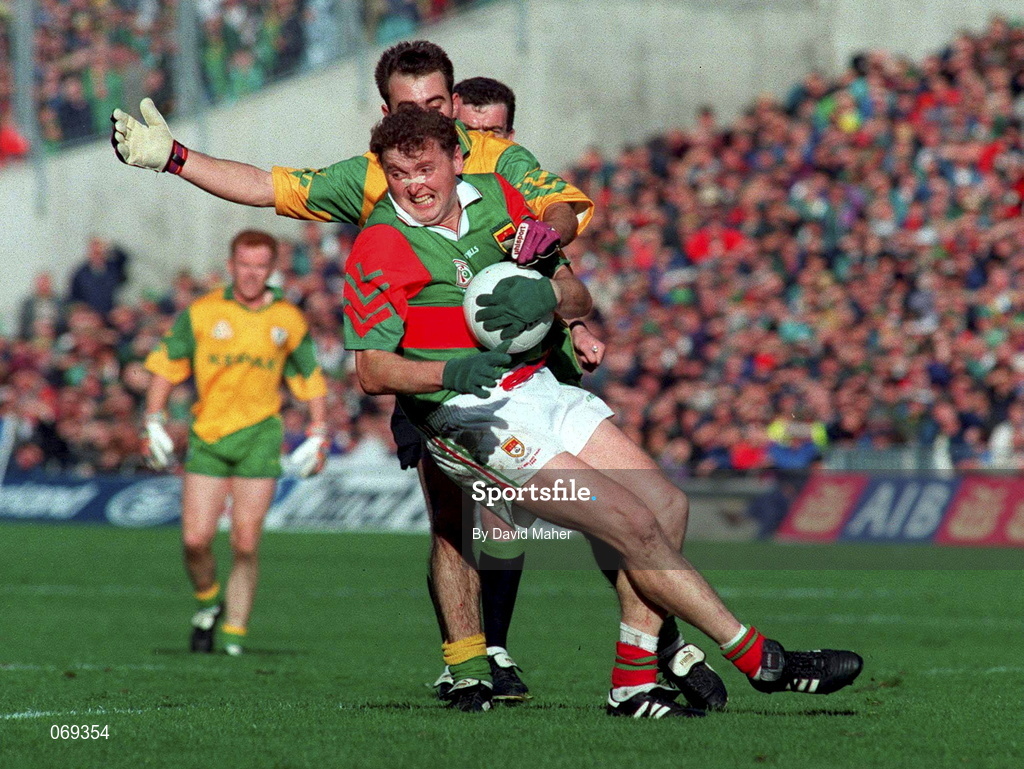 29 September 1996; Anthony Finnerty of Mayo in action against Paddy Reynolds of Meath during the All-Ireland Senior Football Championship Final Replay match between Meath and Mayo at Croke Park in Dublin. Photo by David Maher/Sportsfile