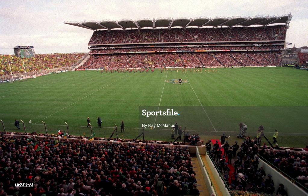 29 September 1996; Both team marching in the parade ahead of the All-Ireland Senior Football Championship Final Replay match between Meath and Mayo at Croke Park in Dublin. Photo by Ray McManus/Sportsfile