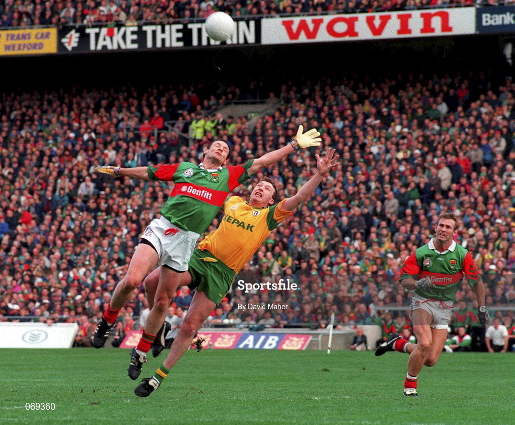 29 September 1996; Dermot Flanagan of Mayo in action against Barry Callaghan of Meath during the All-Ireland Senior Football Championship Final Replay match between Meath and Mayo at Croke Park in Dublin. Photo by David Maher/Sportsfile