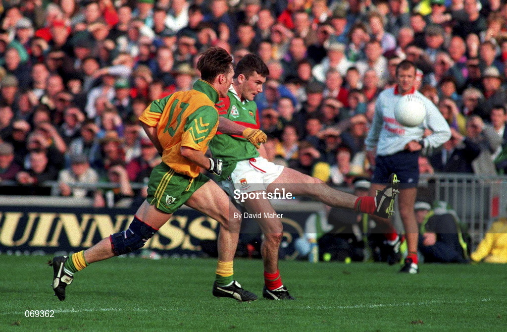 29 September 1996; James Horan of Mayo in action against Colm Brady of Meath during the All-Ireland Senior Football Championship Final Replay match between Meath and Mayo at Croke Park in Dublin. Photo by David Maher/Sportsfile