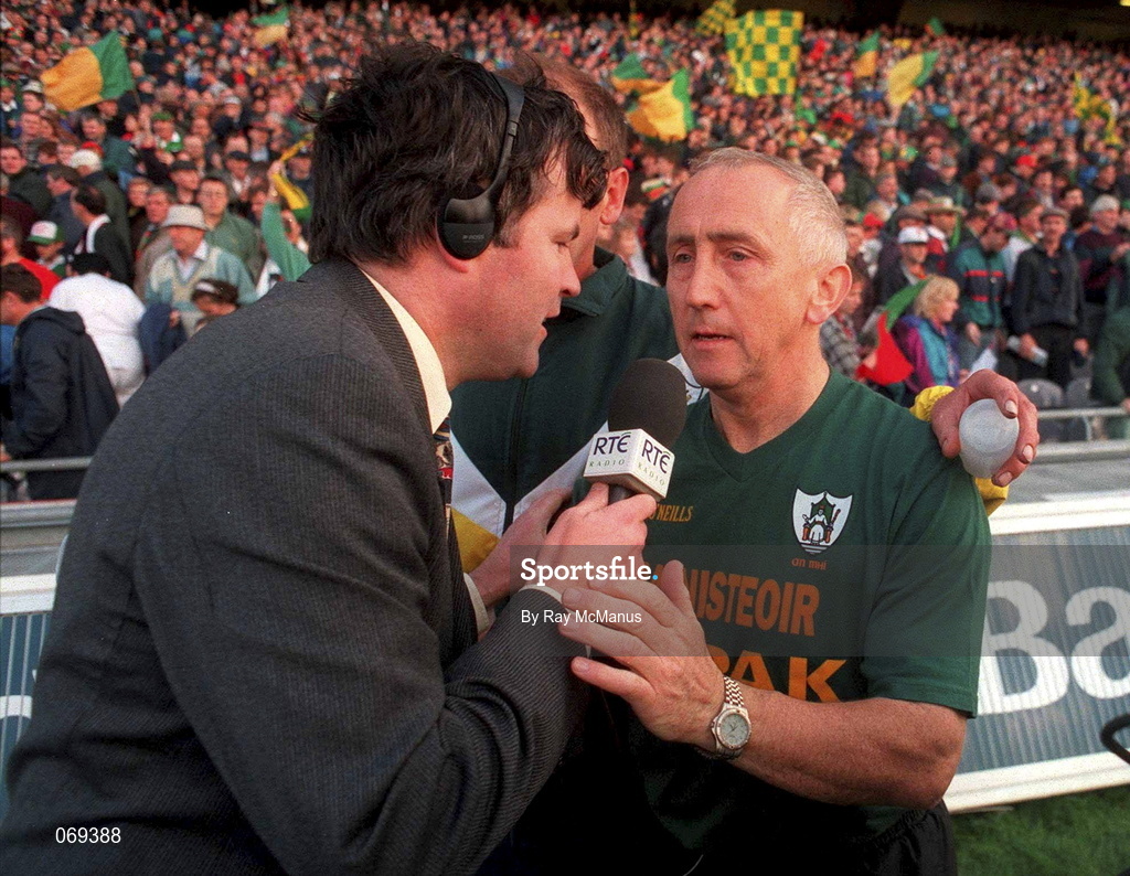 29 September 1996; Meath manager Sean Boylan is interviewed by RTE's Brian Carthy following the All-Ireland Senior Football Championship Final Replay match between Meath and Mayo at Croke Park in Dublin. Photo by Ray McManus/Sportsfile
