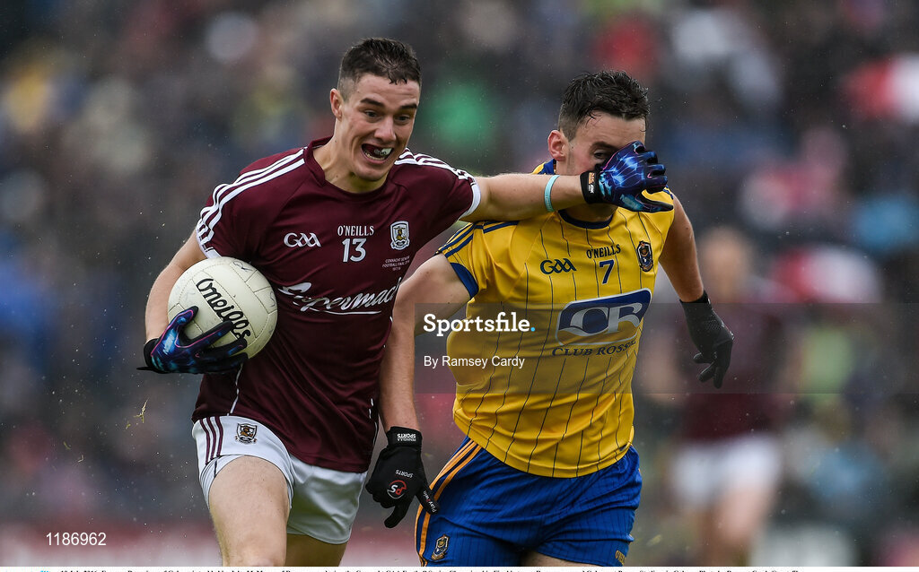 10 July 2016; Eamonn Brannigan of Galway is tackled by John McManus of Roscommon during the Connacht GAA Football Senior Championship Final between Roscommon and Galway at Pearse Stadium in Galway. Photo by Ramsey Cardy/Sportsfile
