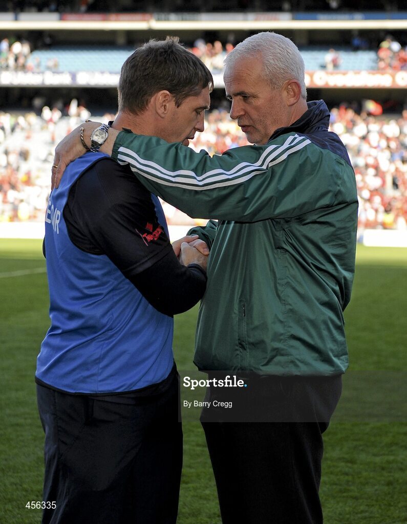 29 August 2010; Kildare manager Kieran McGeeney is consoled by Pauric Ashe, Chairman of Kildare County Board after the final whistle. GAA Football All-Ireland Senior Championship Semi-Final, Kildare v Down, Croke Park, Dublin. Picture credit: Barry Cregg / SPORTSFILE