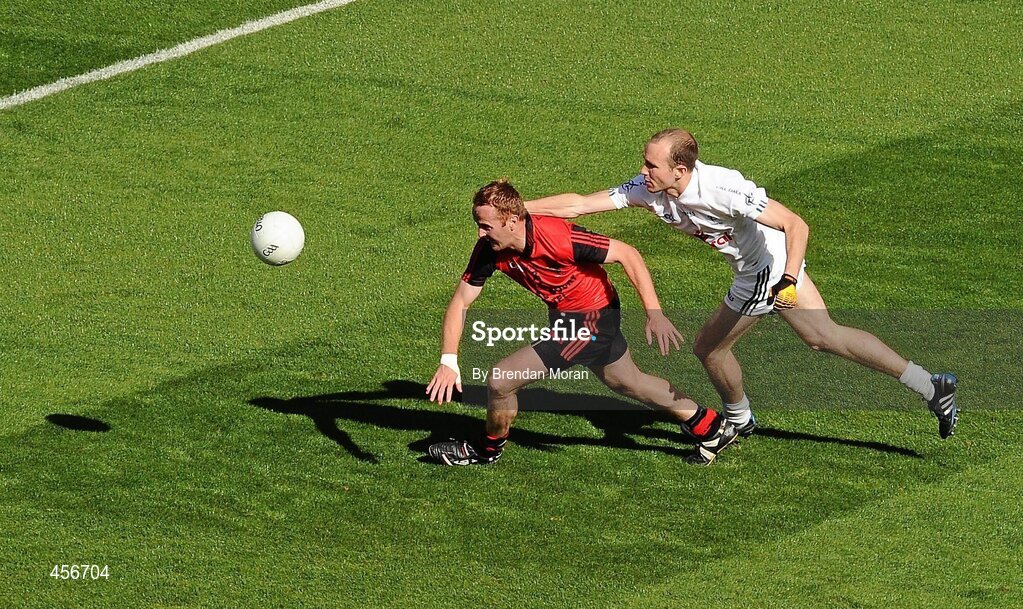 29 August 2010; Benny Coulter, Down, in action against Hugh McGrillen, Kildare. GAA Football All-Ireland Senior Championship Semi-Final, Kildare v Down, Croke Park, Dublin. Picture credit: Brendan Moran / SPORTSFILE