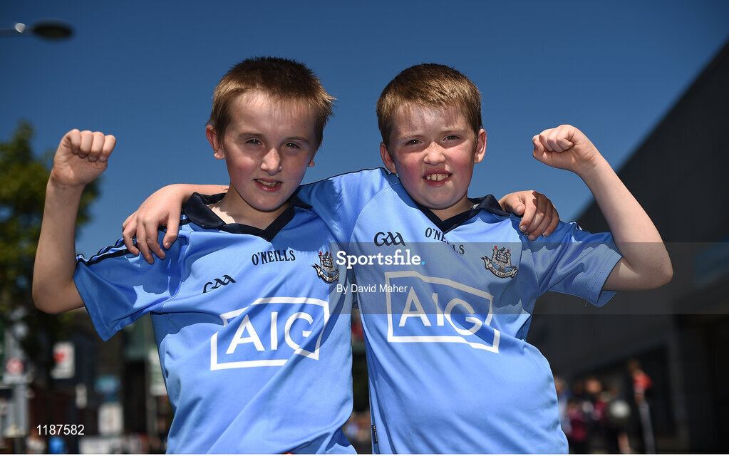 17 July 2016; Twins Kaylem and Rohan Markey, age 9, from Swords, Co. Dublin, ahead of the Leinster GAA Football Senior Championship Final match between Dublin and Westmeath at Croke Park in Dubin. Photo by David Maher/Sportsfile