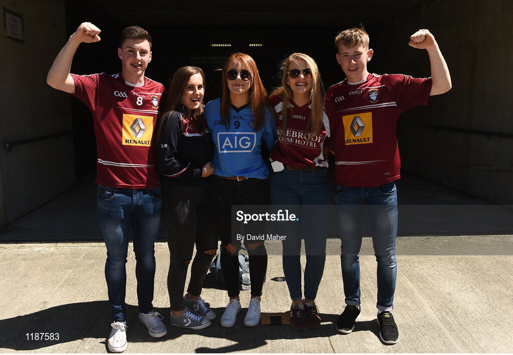 17 July 2016; Dublin and Westmeath supporters, from left, Eoin Gallagher, Sarah Thorpe, Danielle Malone, Emily Harte and Alan Farrell before the Leinster GAA Football Senior Championship Final match between Dublin and Westmeath at Croke Park in Dubin. Photo by David Maher/Sportsfile