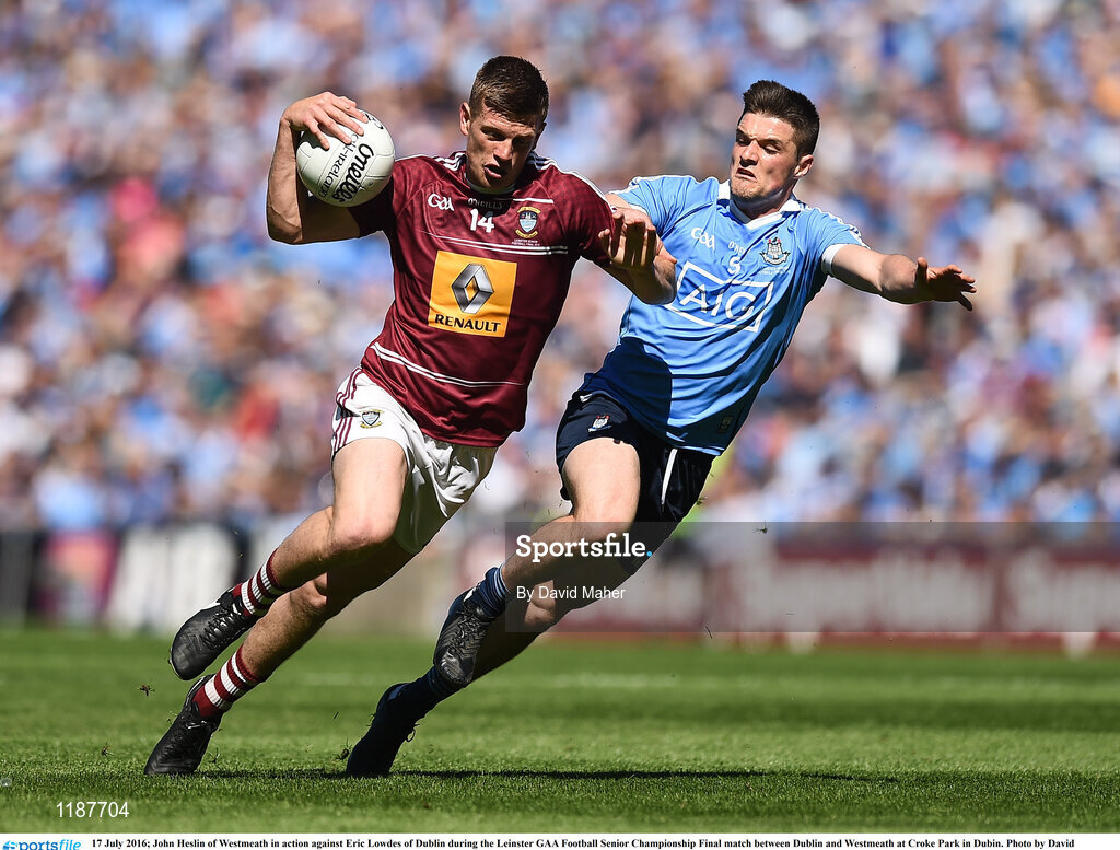 17 July 2016; John Heslin of Westmeath in action against Eric Lowdes of Dublin during the Leinster GAA Football Senior Championship Final match between Dublin and Westmeath at Croke Park in Dubin. Photo by David Maher/Sportsfile