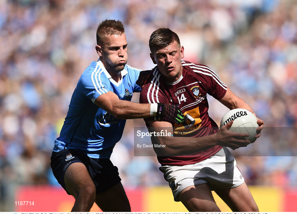 17 July 2016; John Heslin of Westmeath in action against Jonny Cooper of Dublin during the Leinster GAA Football Senior Championship Final match between Dublin and Westmeath at Croke Park in Dubin. Photo by David Maher/Sportsfile