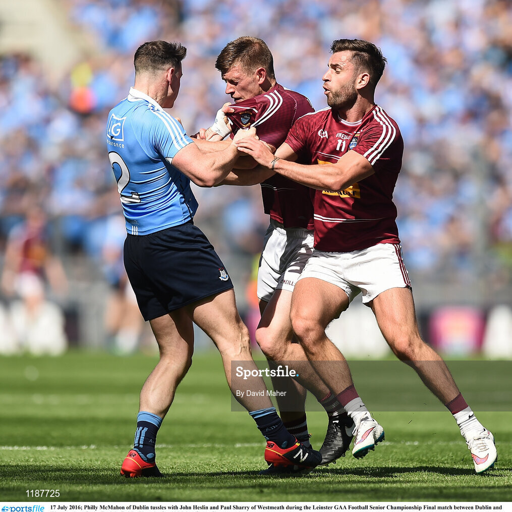 17 July 2016; Philly McMahon of Dublin tussles with John Heslin and Paul Sharry of Westmeath during the Leinster GAA Football Senior Championship Final match between Dublin and Westmeath at Croke Park in Dubin. Photo by David Maher/Sportsfile