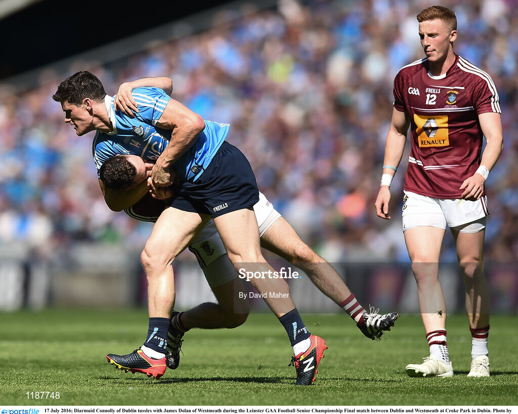 17 July 2016; Diarmuid Connolly of Dublin tussles with James Dolan of Westmeath during the Leinster GAA Football Senior Championship Final match between Dublin and Westmeath at Croke Park in Dubin. Photo by David Maher/Sportsfile